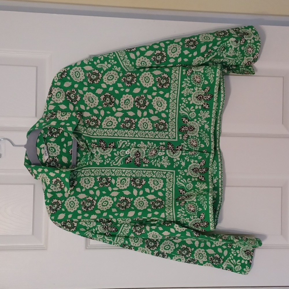 Zara, sz S, green, black & cream, floral print long sleeve blouse.